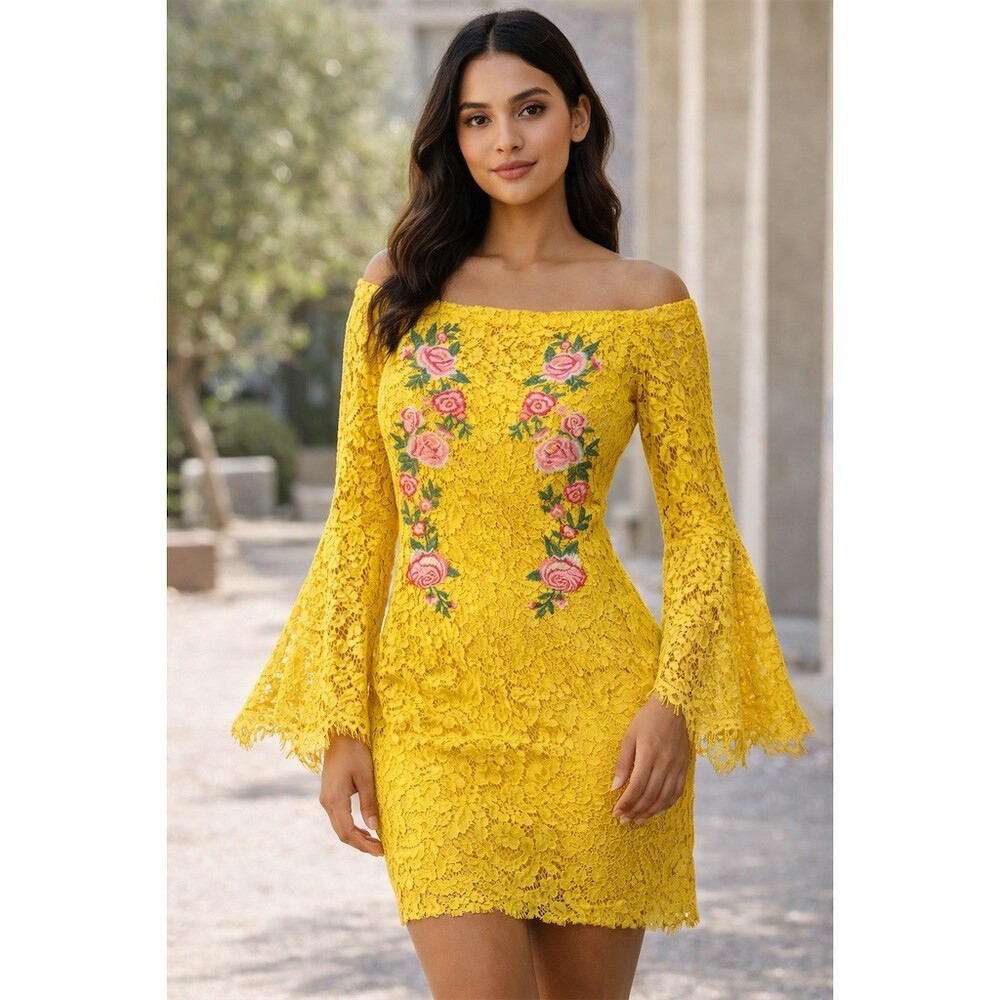 Umgee USA‎ Dress Womens M Yellow Lace Floral Embroidered Off Shoulder Shift